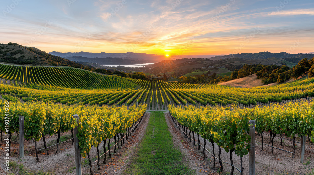 Fototapeta premium Breathtaking vineyard at sunset with rows of grapevines and hills