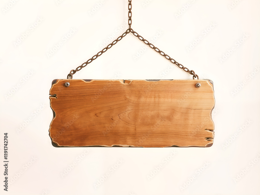 Wooden rectangular hanging sign with a rustic chain, perfect for cafes, restaurants, or décor. Generative AI Wooden rectangular hanging sign with a rustic chain, perfect for cafes, restaurants, or décor. Generative AI