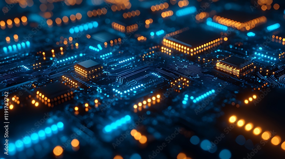 Obraz premium Glowing Circuit Board, Processors, Technology, Abstract, Background, Data, Network, Future, Innovation, Design