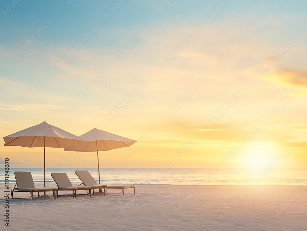 Tranquil beach escape, lounge chairs and umbrella on a serene sandy shore relax Tranquil beach escape, lounge chairs and umbrella on a serene sandy shore relax