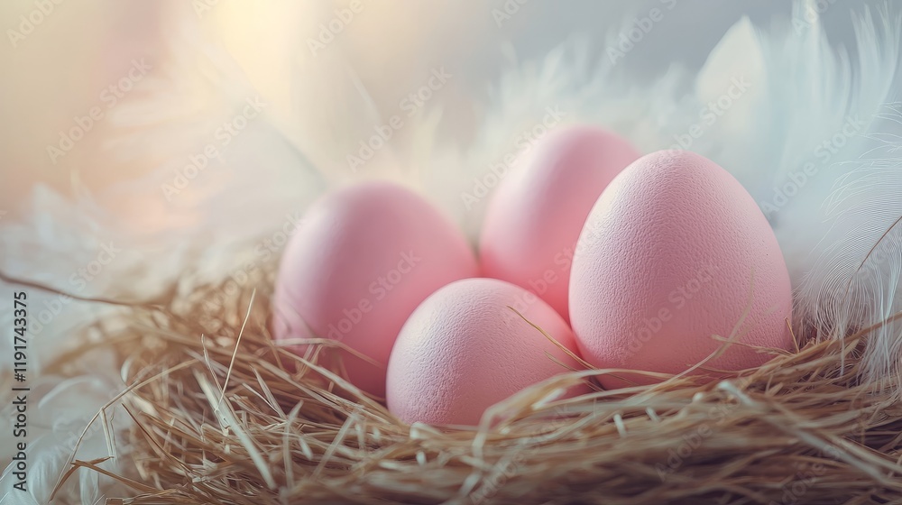 Pastel Easter eggs in straw nest with feathers Pastel Easter eggs in straw nest with feathers