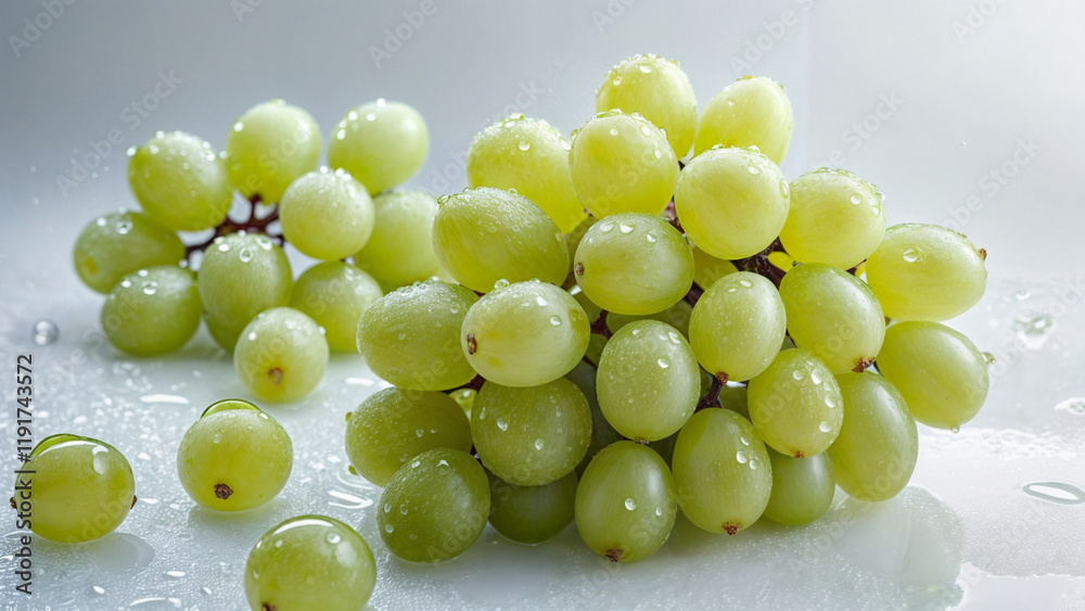Fresh green grapes with water droplets on a light background Fresh green grapes with water droplets on a light background