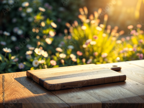 Rustic wooden table with blurred background, ideal for product placement and natural themes. Generative AI photo