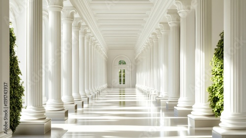 Serene White Colonnade: A Vision of Classical Elegance