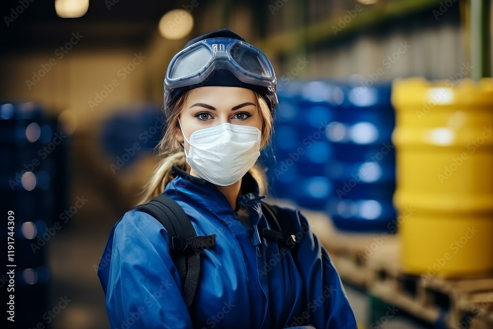 Portrait of a chemical engineer wearing protective suit, mask and goggles in a warehouse, ensuring workplace safety Portrait of a chemical engineer wearing protective suit, mask and goggles in a warehouse, ensuring workplace safety