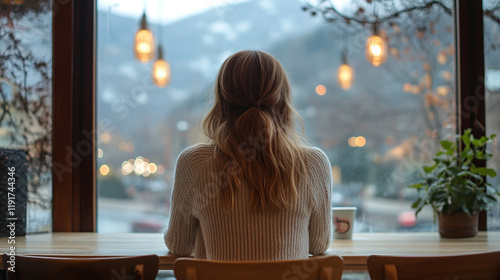 Rear back view of one young woman sitting alone at a restaurant table, looking at the mountain through the window. single lonely lady, depressed, waiting for date, concerned.