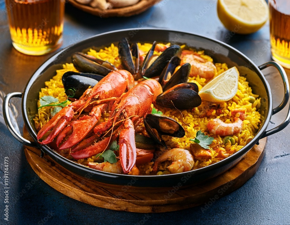 Generated image Traditional Spanish paella filled with seafood and saffron Generated image Traditional Spanish paella filled with seafood and saffron