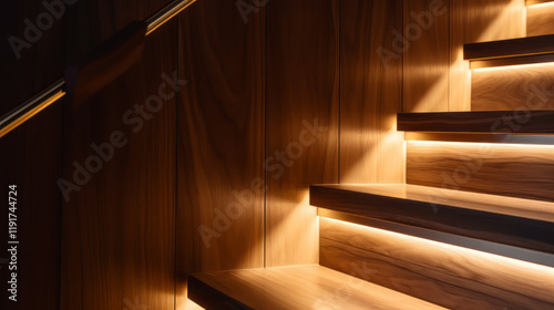 A close-up shot of a modern wooden staircase with polished wood steps and a sleek glass railing, with soft ambient lighting.