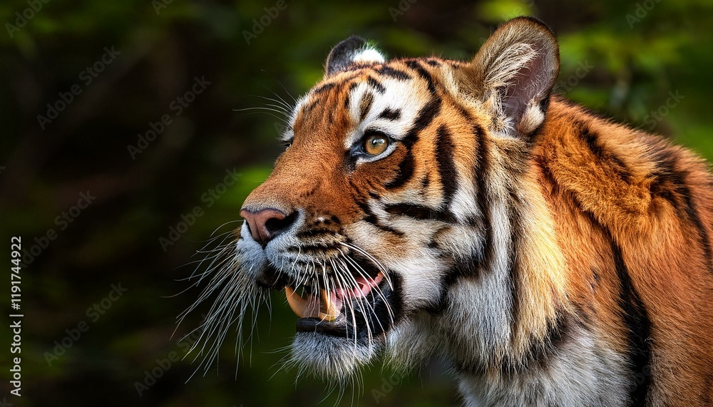 Naklejka premium close up shot of a majestic bengal tiger roaring in the forest