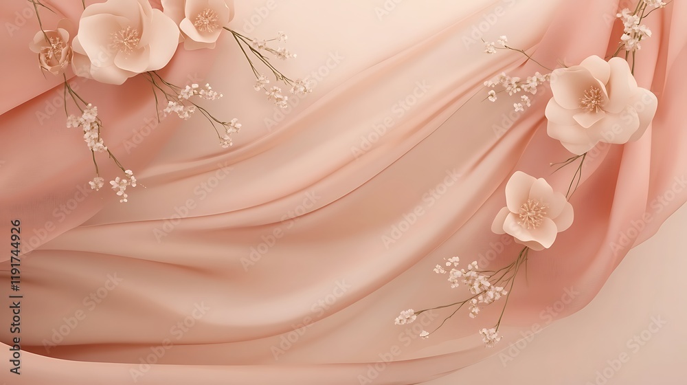 Delicate peach fabric draped with paper flowers and sprigs Delicate peach fabric draped with paper flowers and sprigs