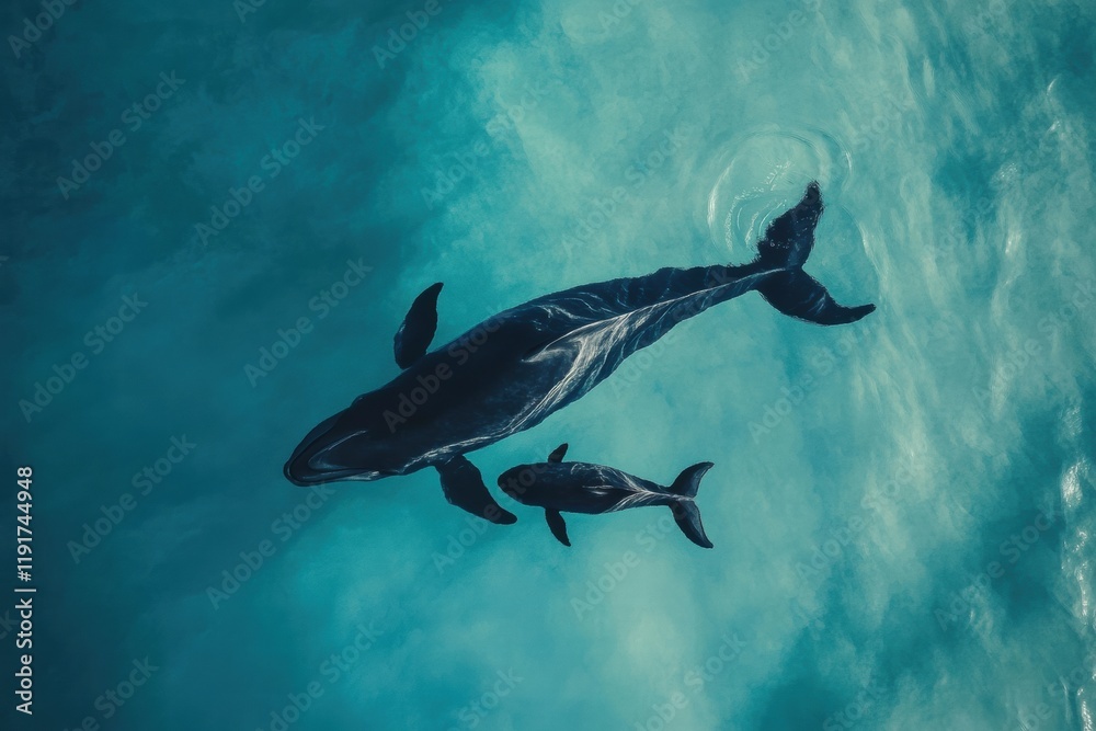 Obraz premium Mother whale swims gracefully with her calf in the clear blue ocean waters showcasing deep marine beauty and connection. Generative AI