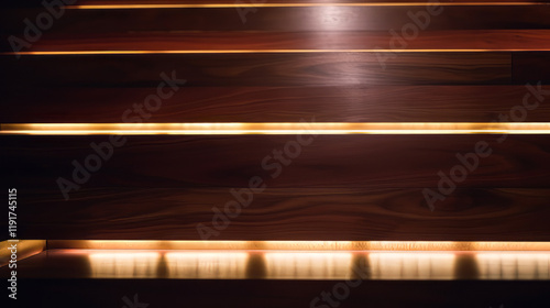 A close-up shot of a modern wooden staircase with polished wood steps and a sleek glass railing, with soft ambient lighting.