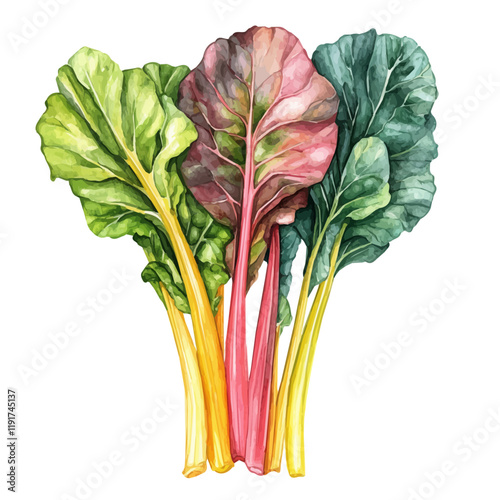 A watercolor drawing of chard, isolated on a white background. Chard vector.

