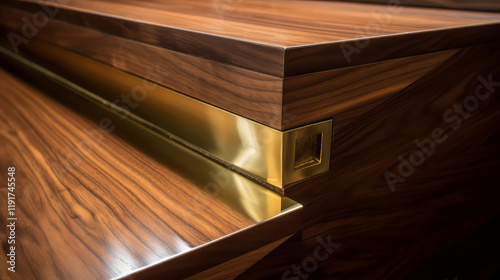 A close-up shot of a modern wooden staircase with polished wood steps and a sleek glass railing, with soft ambient lighting.