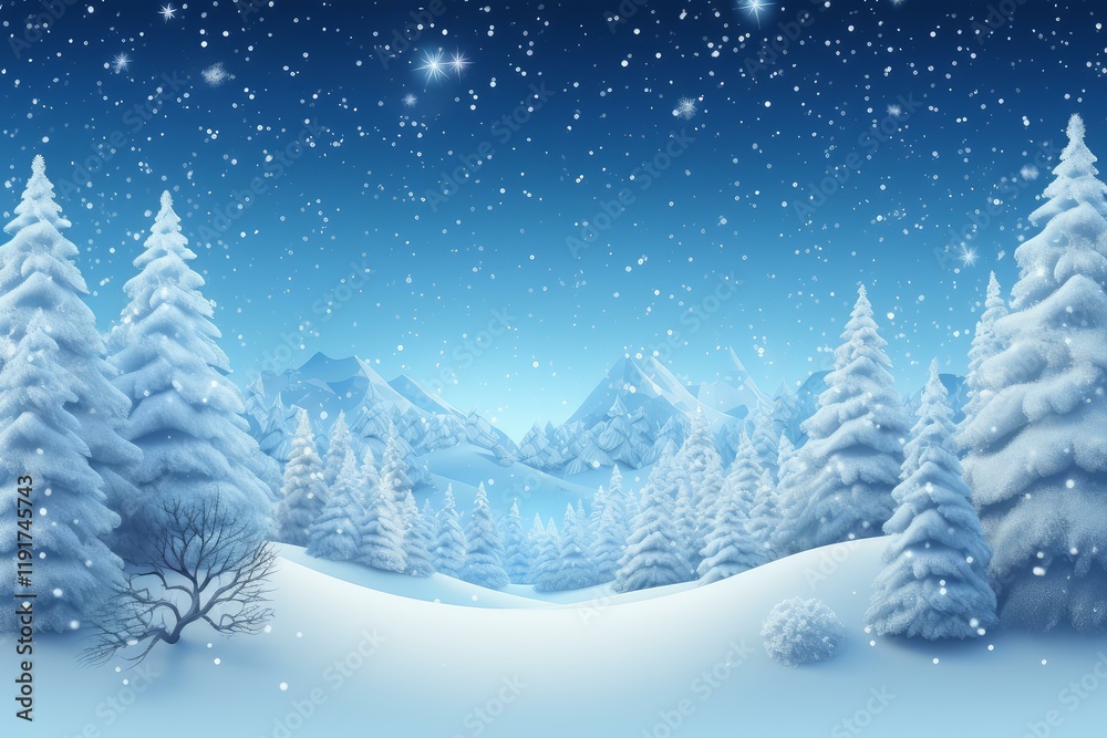 Naklejka premium Snow is gently falling on a serene winter wonderland, creating a picturesque scene with snow covered pine trees and majestic mountains under a starry night sky
