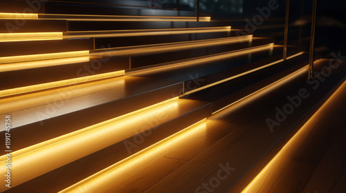 A close-up shot of a modern wooden staircase with polished wood steps and a sleek glass railing, with soft ambient lighting.