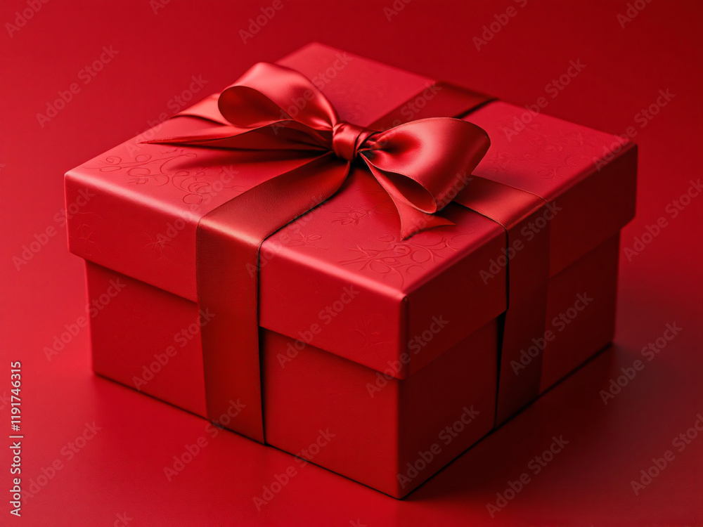 Fototapeta premium Festive, gift, box, red, gold, ribbon, bow, present, holiday, celebration, wrapping, decorative, elegant, special, occasion, surprise, delight, joy, giving, receiving, Christmas, birthday, anniversary