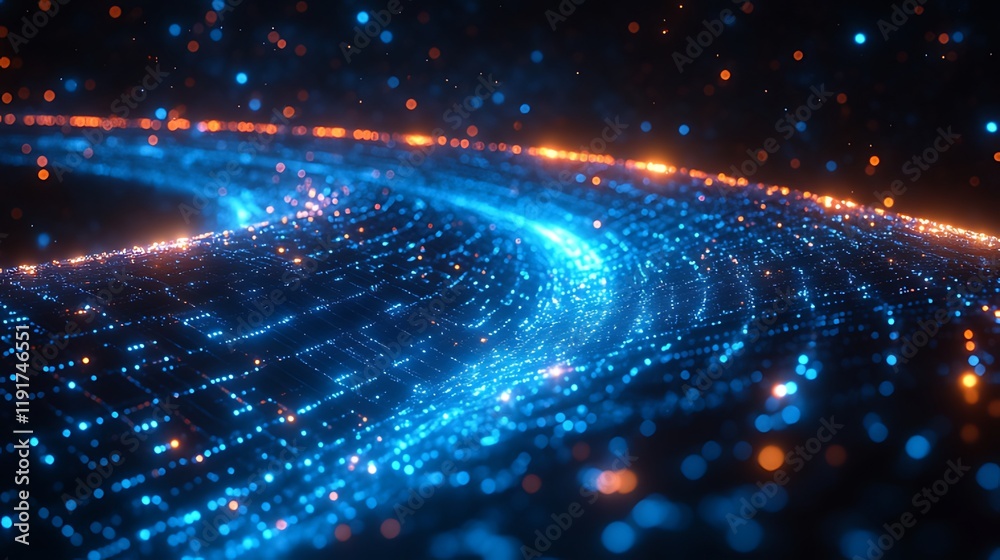 Obraz premium Abstract swirling blue data stream, dark background, digital technology