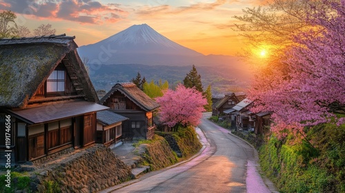 beautiful road to Mount Fuji with blooming pink cherry blossom and old traditional Japanese Shirakawa-go house style at Japan.  photo