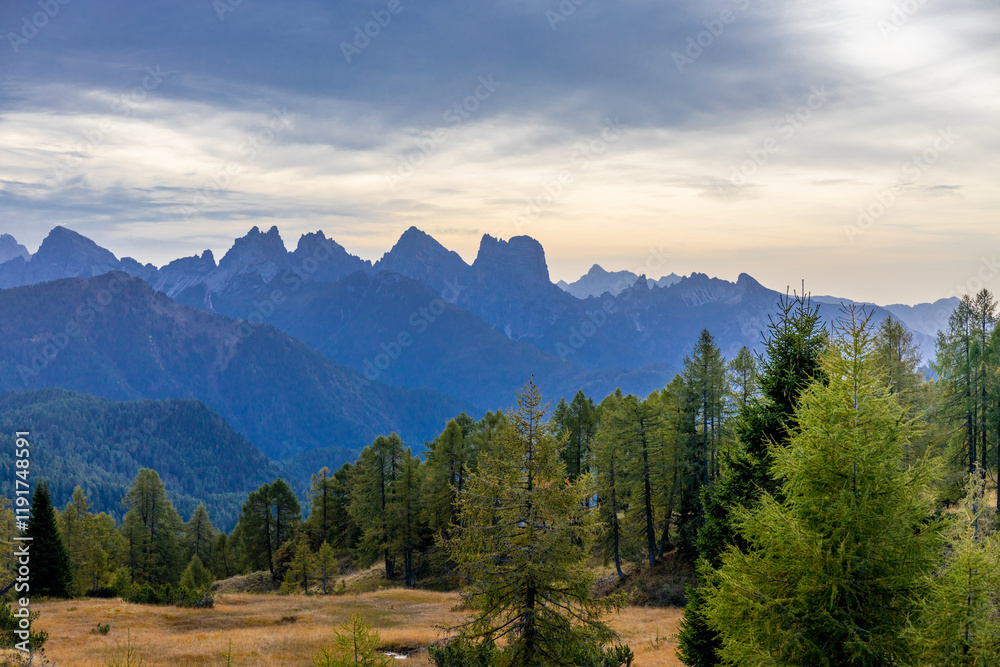 Fototapeta premium Autumn colors in the mountains. Golden autumn yellow leaves of the trees in the mountain forest in Dolomiti Alps, Italy. Dolomites beautiful autumn landscape