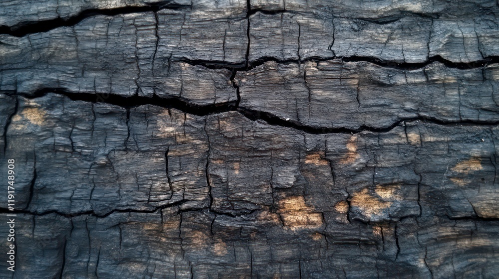 Close-up of charred wood texture with deep cracks and dark gray color showing damage. Close-up of charred wood texture with deep cracks and dark gray color showing damage.