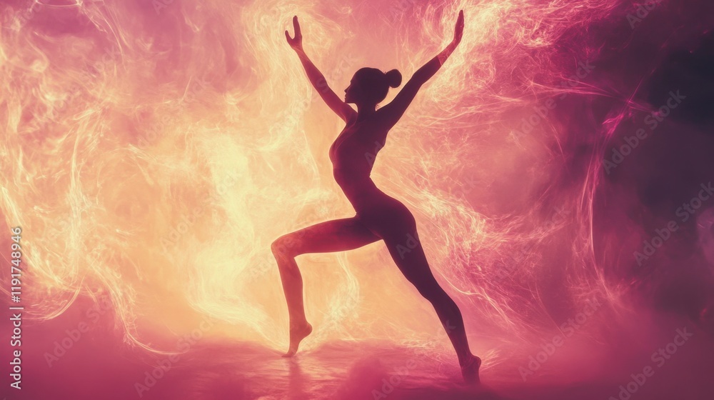 Fototapeta premium Graceful Dancer in Fiery Haze - Yoga, Movement, Energy, Silhouette, Dance