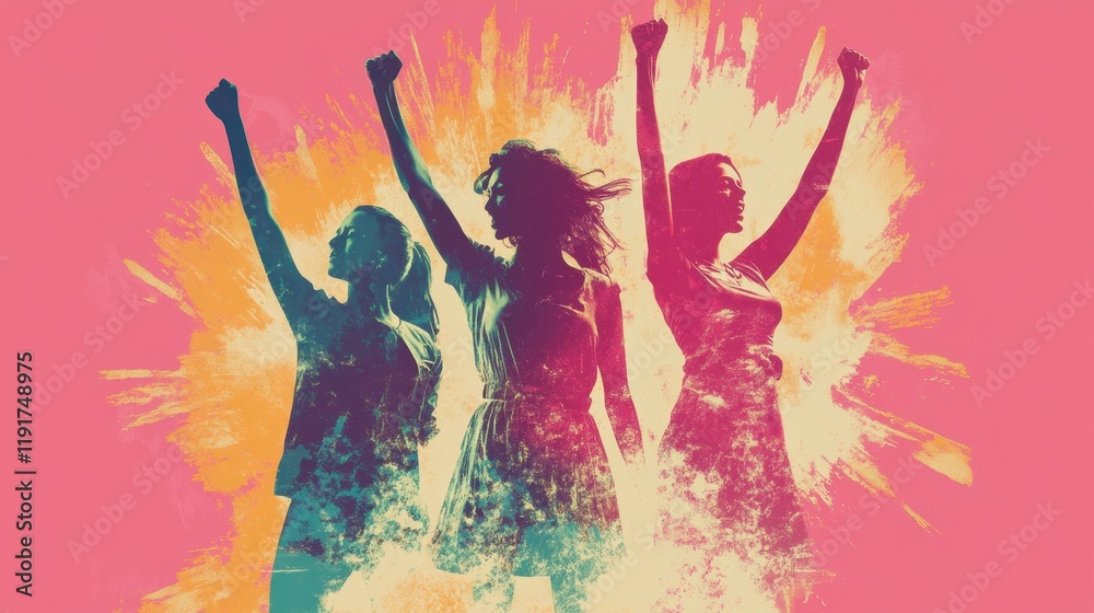 Naklejka premium Three Women Celebrating Feminism, Joyful Victory Pose, Pink Abstract Background