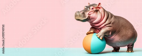 A playful hippo stands beside a colorful beach ball against a pastel background, exuding charm and whimsy. photo