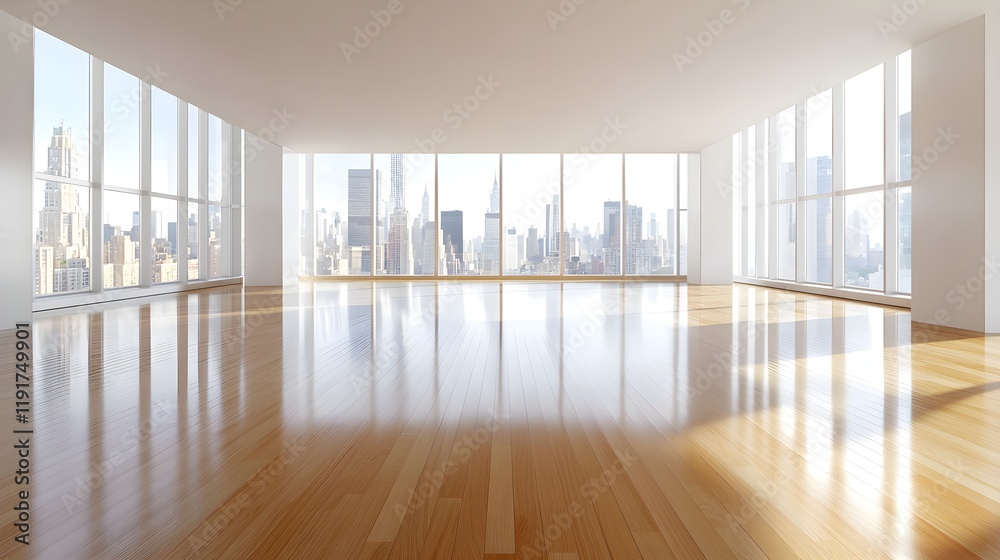 Fototapeta premium Luxurious studio, bright space with city views, minimalistic furnishings, ample area for real estate ad text, sleek and upscale appeal