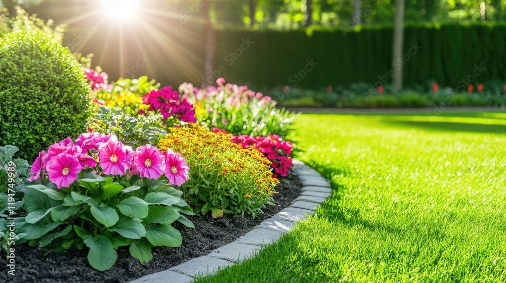 Naklejka premium A bed of herbaceous plants in a symmetrical garden design under bright sunlight.