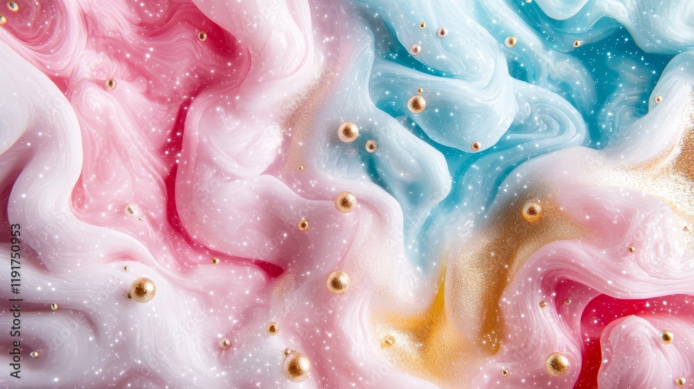 Obraz premium Dreamy abstract depiction of the Milky Way, soft glowing hues of turquoise, pink, and gold, creating a surreal starry night, milky way art, ethereal abstraction