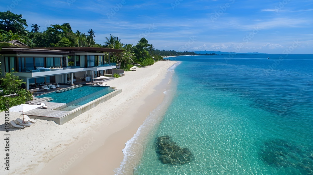 Fototapeta premium Modern beachfront villa, panoramic ocean view, luxury real estate setting