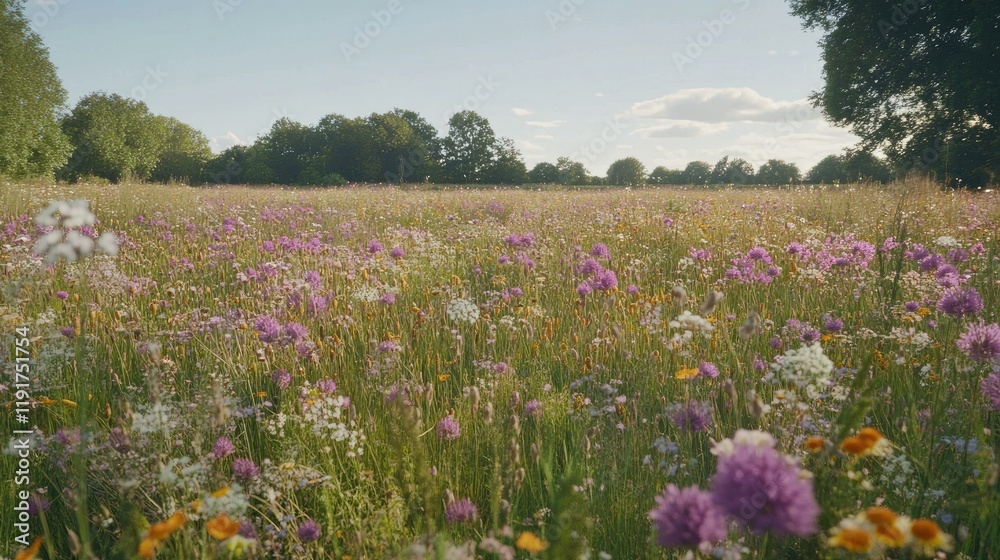A dense field of herbaceous plants stretching into the distance under a clear sky. A dense field of herbaceous plants stretching into the distance under a clear sky.
