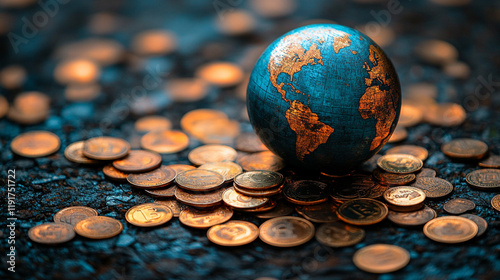 Modern shiny globe representing the world on sale, golden Earth globe next to modern gold coins, symbolizing success in business, wealth in economy, growth of international finance, and money's influe