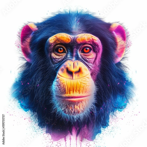 Vibrant portrait of a chimpanzee with colorful paint splatters, creating a striking visual photo