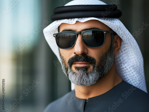 Arabic Sheikh: A Fusion of Cultural Heritage and Modern Style with Traditional Attire and Chic Sunglasses photo