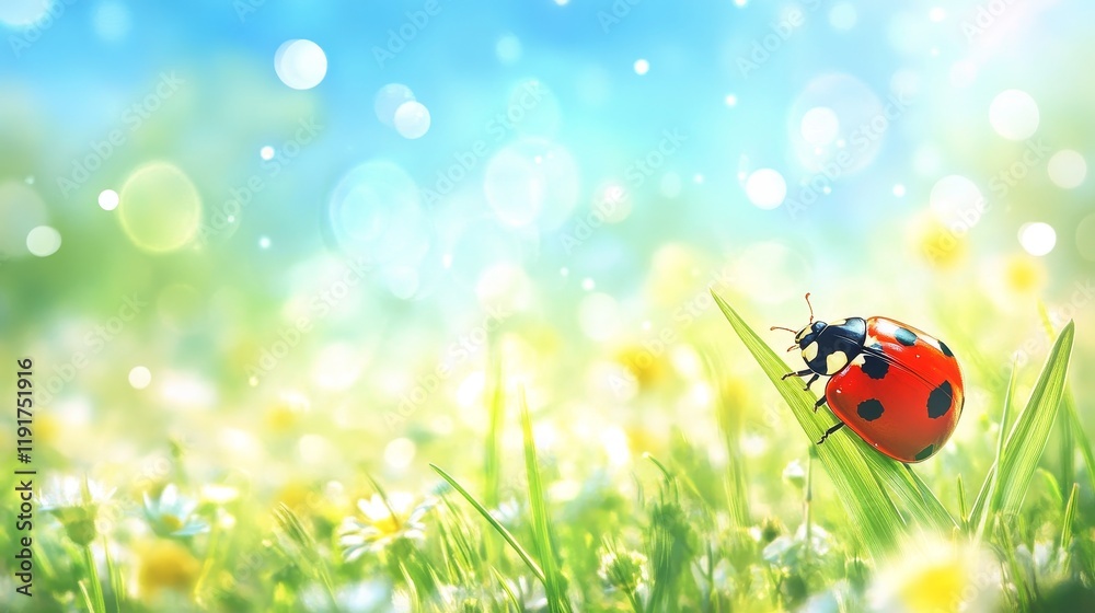 Ladybug on grass blade in spring meadow Ladybug on grass blade in spring meadow