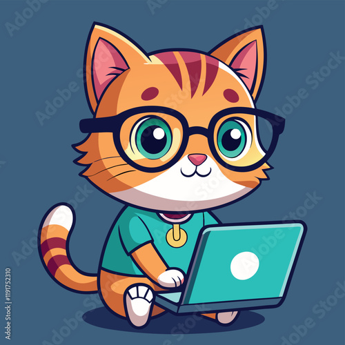 Cute hipster cat with glasses works on laptop. Mascot character. Vector flat illustration