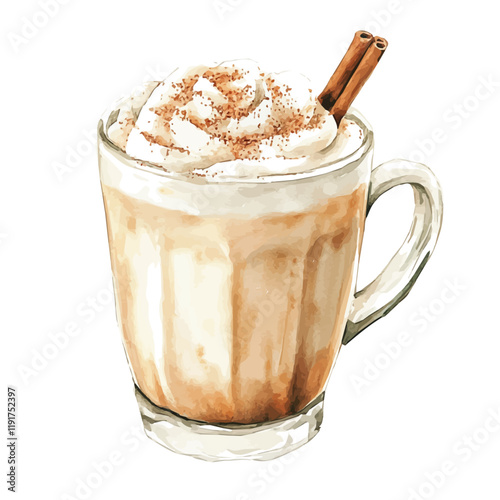 A watercolor illustration of a chai latte, isolated on a white background. Chai Latte vector.
