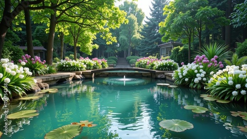 A serene turquoise pond features a central fountain, surrounded by vibrant green leaves drifting atop tranquil waters. White and pink blossoms frame this enchanting oasis