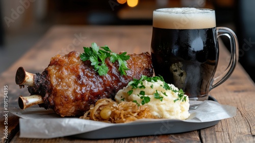 Crispy Bavarian pork knuckle served with creamy mashed potatoes and refreshing dark beer in a cozy dining setting photo