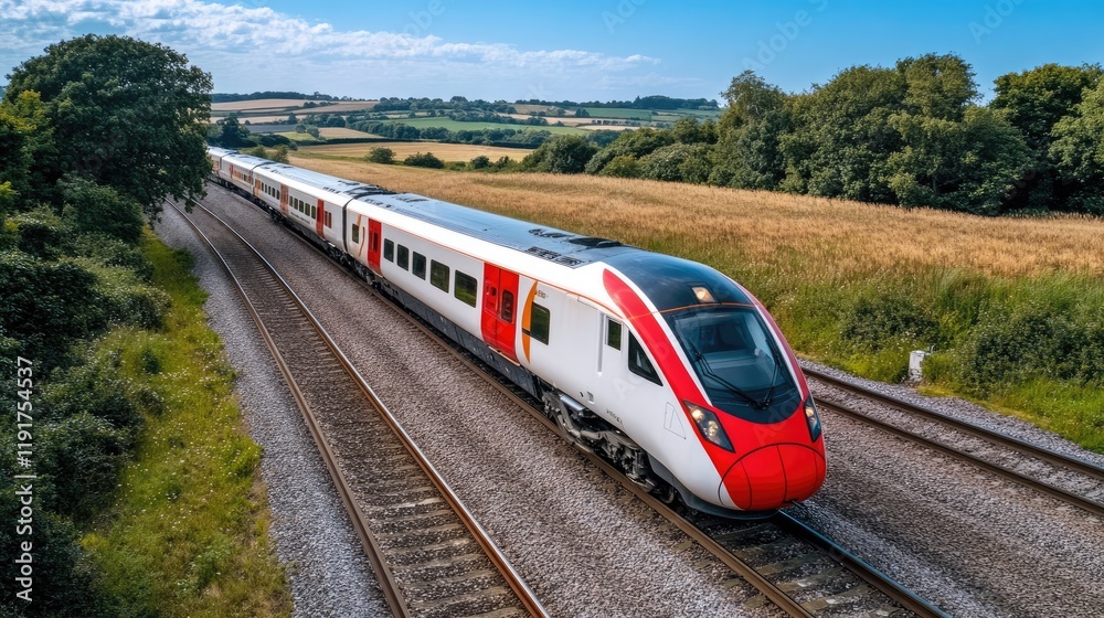 Fototapeta premium A modern train speeding through a countryside landscape under a clear blue sky.
