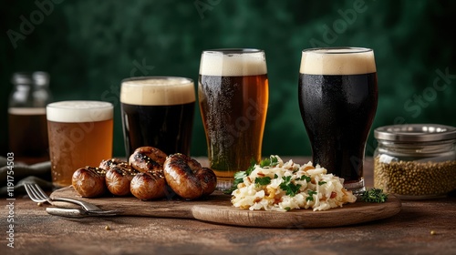 Diverse beer flight with glasses of German brews paired with pretzels and hearty potato salad at a rustic pub photo