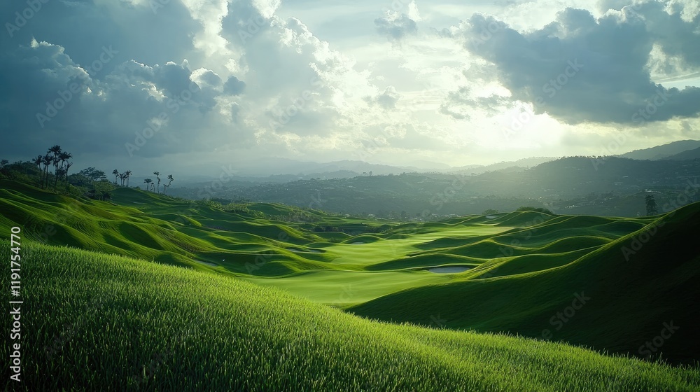 Fototapeta premium A picturesque golf course with rolling hills under a cloudy sky.