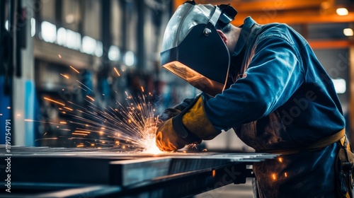 A detailed view of a welder fabricating metal structures in a workshop, Metal fabrication scene, Industrial welding style