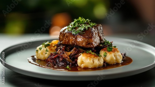 Savoring tender sauerbraten served on a plate with rich gravy, red cabbage, and fluffy dumplings during a cozy German dining experience