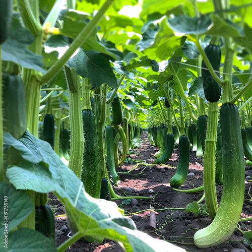 Lush Greenery and Impending Harvest: A Journey into the heart of JZ Zucchini Plants Farm with vibrant green hues and a golden daylight photo