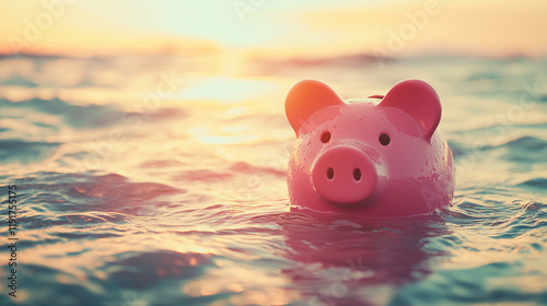 Minimalistic pink piggy bank floating on water about to sink symbolizes investment failure financial risk debt problem budget issues bankruptcy economy crisis with blurred bright light tone

