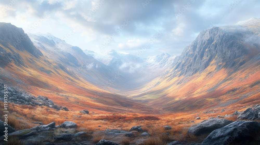 Obraz premium Autumnal valley landscape with snow capped mountains and colorful hills