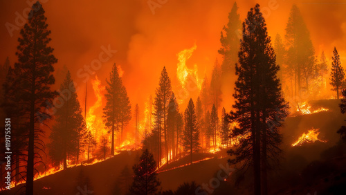 Forest Fire Burning Through Pine Trees with Orange Sky and Smoke